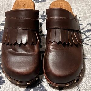 Kelsi Dagger Brown Leather Mules with Fringe